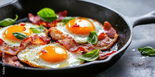 Wallpaper Mural Deliciously cooked eggs with crispy bacon and fresh basil in a skillet, perfect for a hearty breakfast or brunch. Torontodigital.ca