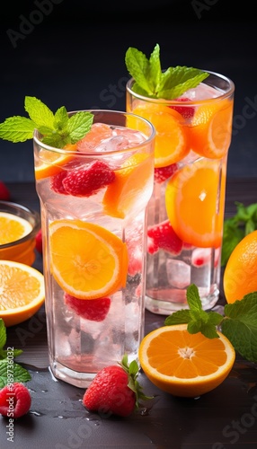 Refreshing summer drinks with oranges, raspberries, and mint leaves on a dark wooden table