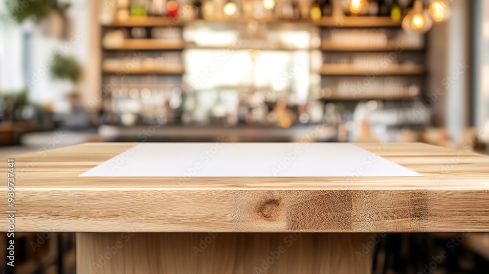 A white table is presented on a desk against a blurred background The wood counter is empty and sits on a shelf surface The background is a white bokeh of a restaurant This wood table top can be used