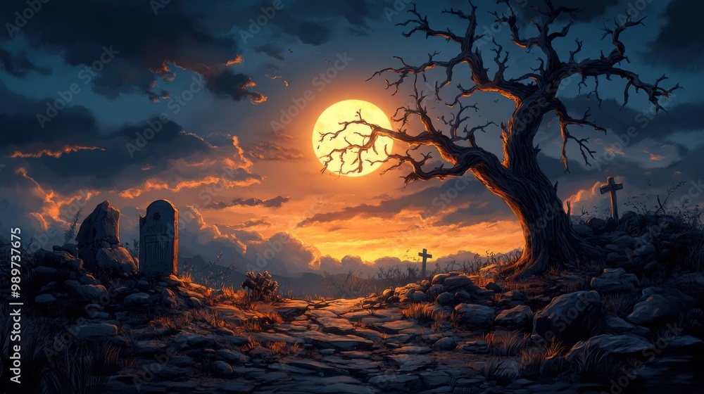 Eerie Moonlit Graveyard Under a Silent Sky Eerie Moonlit Graveyard Under a Silent Sky