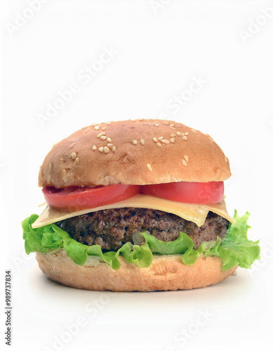 Delicious Cheeseburger with Lettuce and Tomato on a Sesame Seed Bun