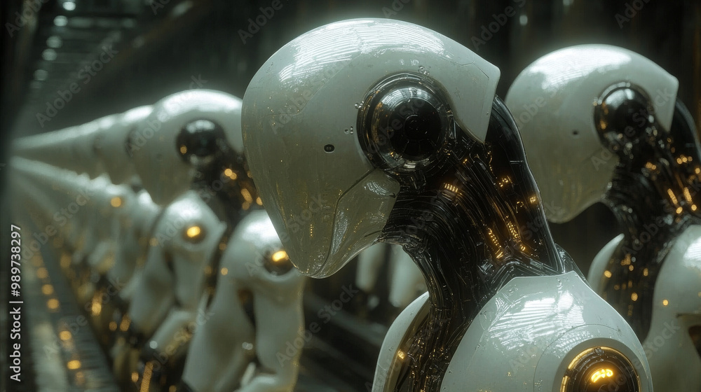 Fototapeta premium A line of white and black robots stand in a row, their heads bowed.