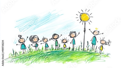 Cheerful Stick Figures Under a Bright Sun
