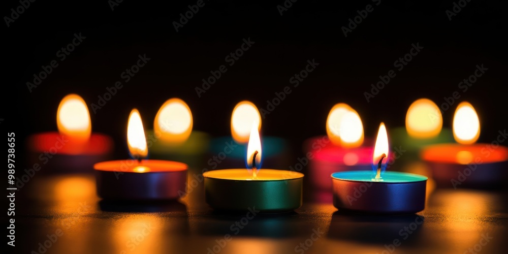 Vibrant candles illuminating a dark setting, creating a warm, serene atmosphere perfect for relaxation and meditation. Vibrant candles illuminating a dark setting, creating a warm, serene atmosphere perfect for relaxation and meditation.
