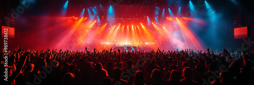 A crowd of people enjoying a concert with bright lights on stage.