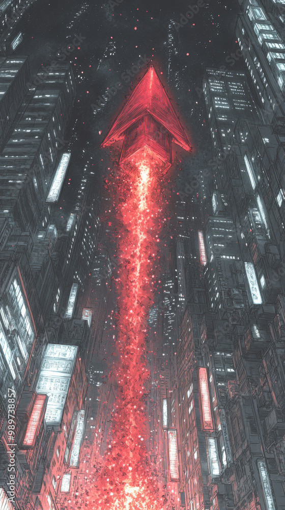 Naklejka premium Red arrow soaring over a futuristic city.