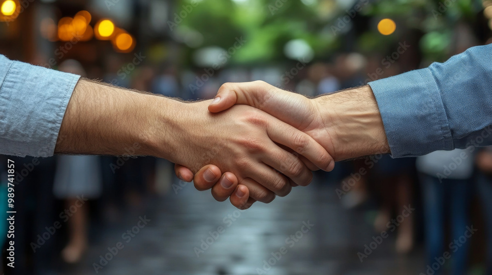 Two men shake hands in a crowded city street. Two men shake hands in a crowded city street.