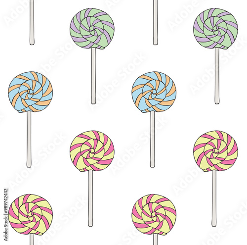Vector seamless pattern of hand drawn sketch doodle different color lollipop isolated on white background