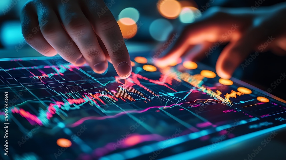 Hands Pointing at Financial Document with Stock Market Graphs and Glowing Data Lines in Double Exposure Hands Pointing at Financial Document with Stock Market Graphs and Glowing Data Lines in Double Exposure