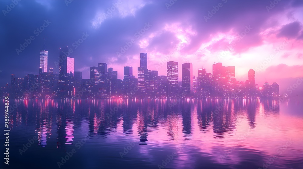Fototapeta premium Foggy city skyline with sun rising tranquil morning images