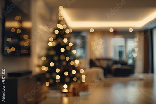 Modern blurred interior of a living room decorated for Christmas. christmas tree, presents, soft focus