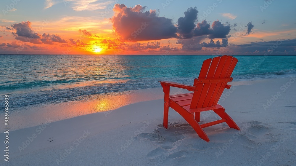 Sunset on a tropical beach with a red chair Sunset on a tropical beach with a red chair