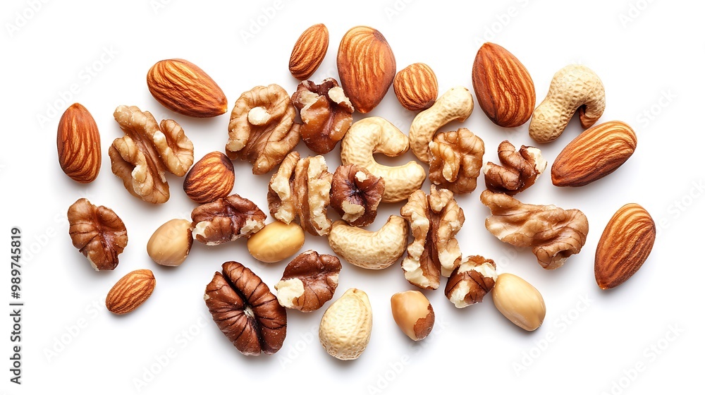 Nuts scattered, crunchy, brown, white background, snack, product photography