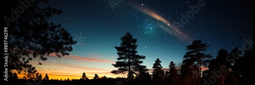 A calm evening in the forest as stars illuminate the sky above tall pine trees