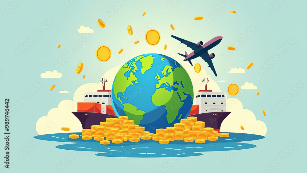 Global Economy Concept: International Trade and Worldwide Financial Connections Illustrated with Earth and Currency Global Economy Concept: International Trade and Worldwide Financial Connections Illustrated with Earth and Currency