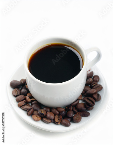 Cup of Coffee with Coffee Beans on Saucer