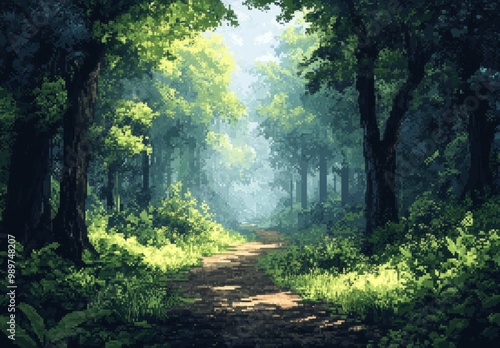 Wallpaper Mural A sun-dappled path winds through a lush, pixelated forest. . Torontodigital.ca