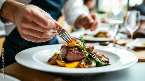 Chef's hands plating gourmet dish culinary expert touch creativity elegance. AI generated.