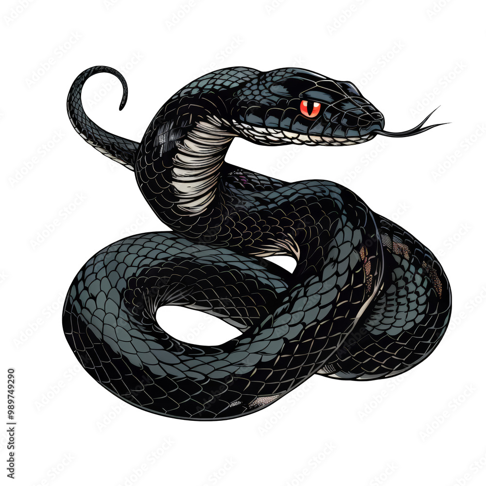 Naklejka premium A black snake with red eyes coiled in a defensive posture.