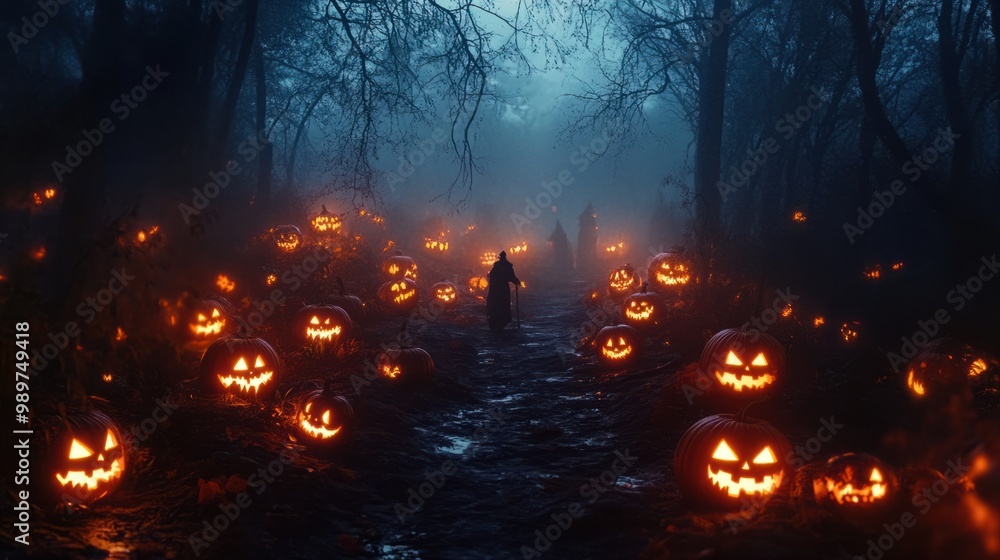 Naklejka premium Spooky forest path lined with glowing jack-o'-lanterns, shadowy figures, and eerie fog.