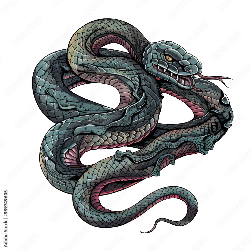 Obraz premium A detailed illustration of a green snake with a sharp, pointy head and yellow eyes coiled on itself, with a dark background and an ominous look.