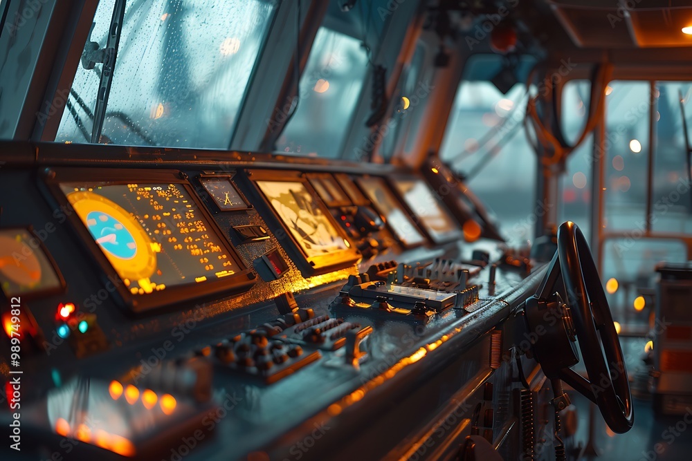 Control panel of a cruise ship at night.