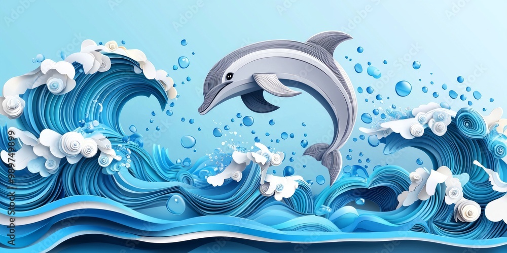 Fototapeta premium dolphin elegantly jumps from vibrant, layered blue waves, showcasing its graceful motion. The design features intricate paper cutouts against a serene light blue backdrop.