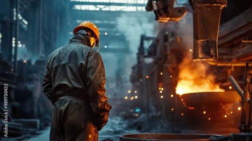 Steel Mill Worker in Safety Gear Observing Molten Metal Pouring