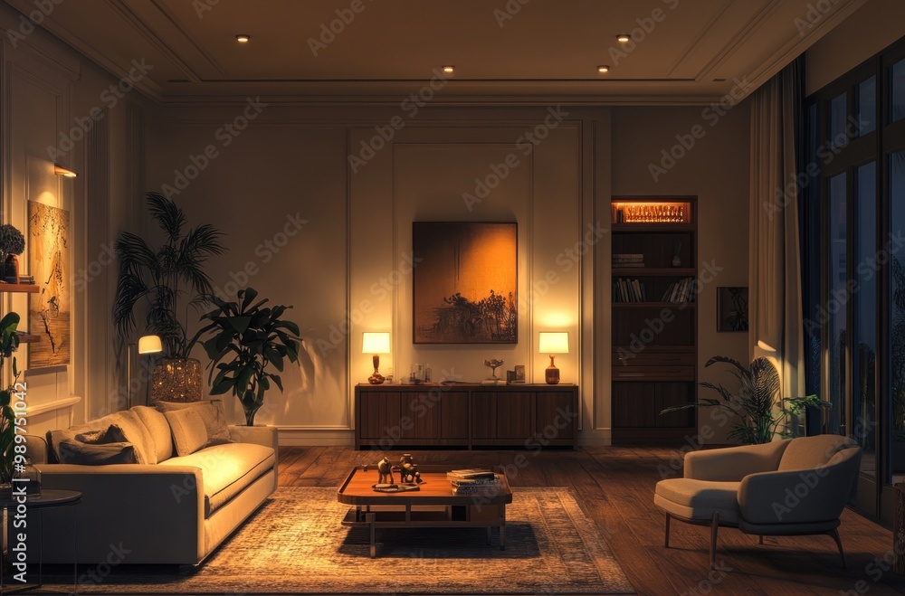 Cozy Living Room with Warm Lighting Cozy Living Room with Warm Lighting