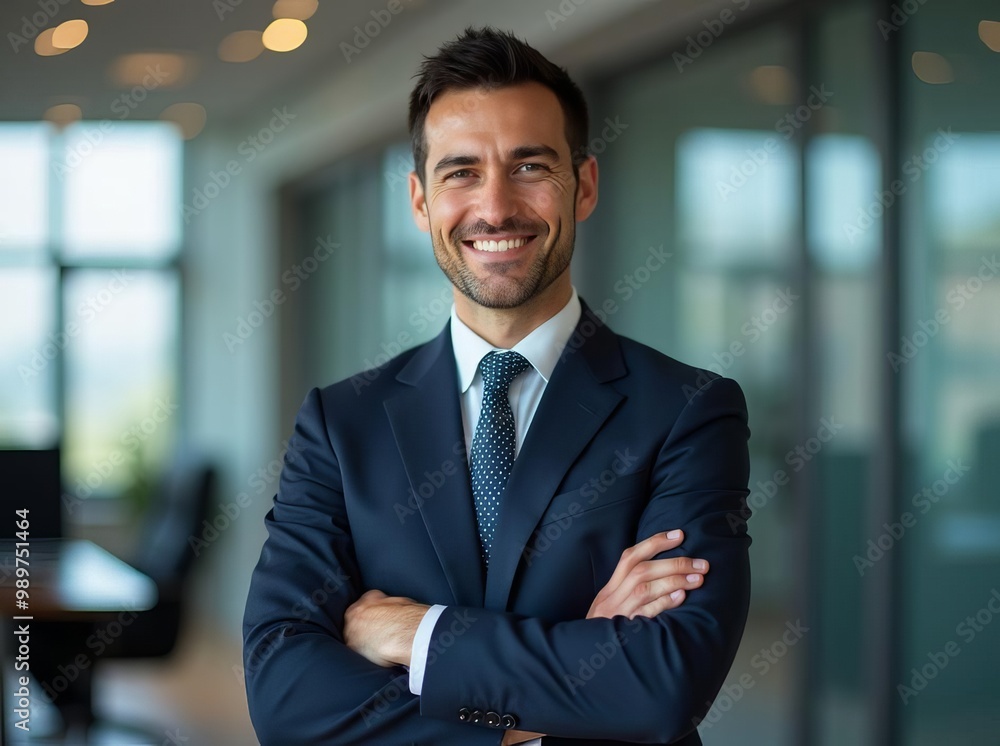 Fototapeta premium Confident Businessman Portrait: Successful Professional in Modern Office Environment Showcasing Leadership and Corporate Excellence