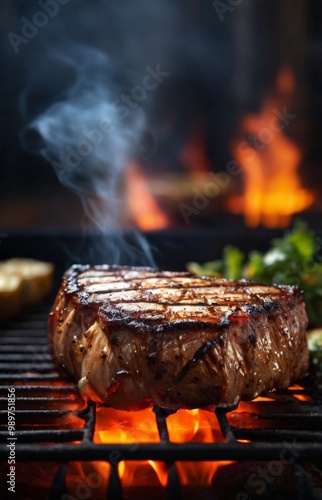 Closeup grilled roasted steak. Hot delicious beef steak preparing on grill rack