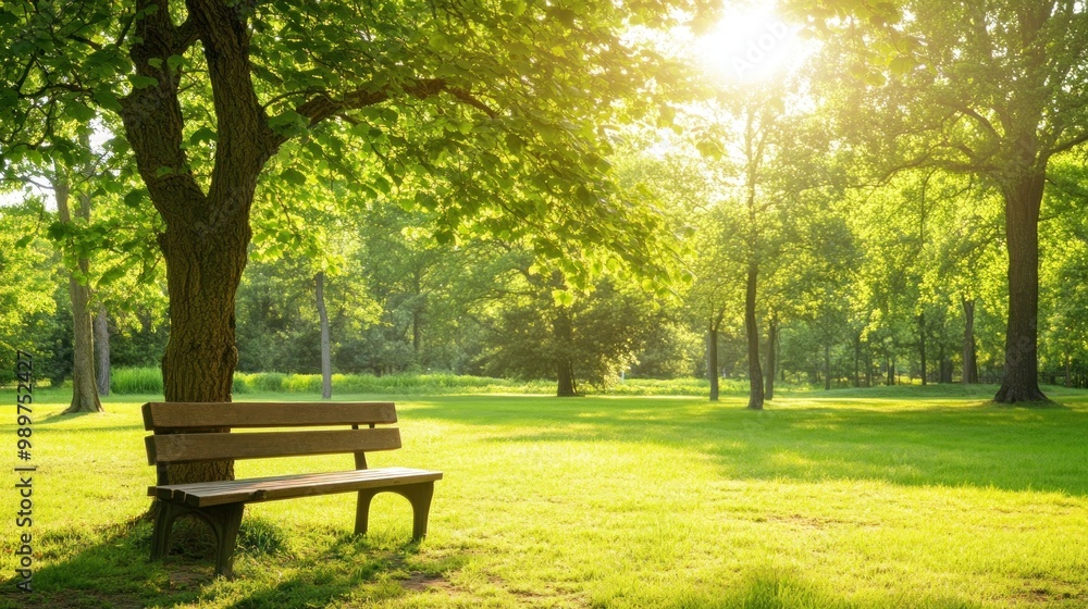A peaceful park scene with a bench under a tree, illuminated by sunlight. A peaceful park scene with a bench under a tree, illuminated by sunlight.