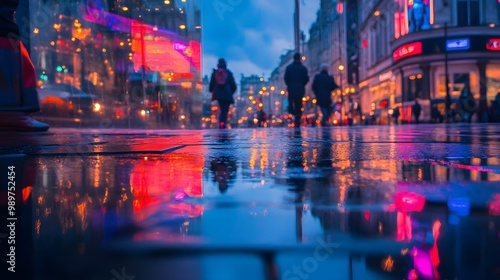 32. A vibrant city street scene at night with reflections on wet pavement