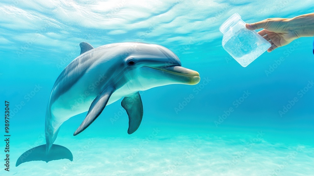 Naklejka premium Dolphin Interacting with Human Underwater Scene