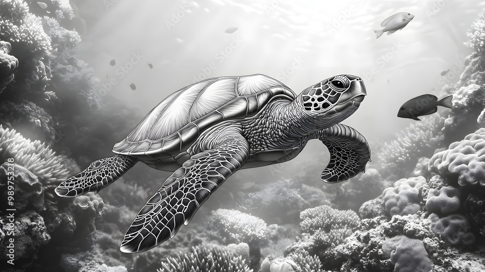 Fototapeta premium Turtle Swimming Underwater with Coral Reefs and Fish