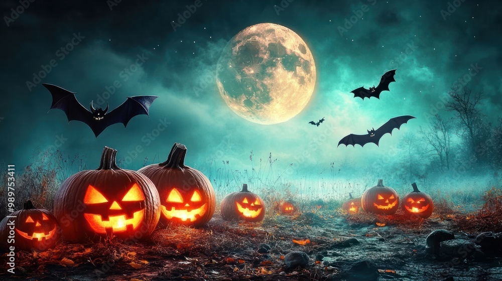 Spooky pumpkin patch with glowing jack-o'-lanterns and bats flying under a Halloween moon. Spooky pumpkin patch with glowing jack-o'-lanterns and bats flying under a Halloween moon.