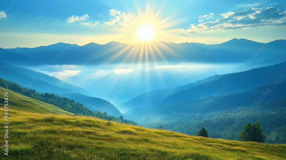 Fototapeta premium Panoramic view of mountain landscape during a golden sunset