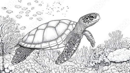 Fototapeta Naklejka Na Ścianę i Meble -  Turtle Swimming Underwater with Coral Reefs and Fish