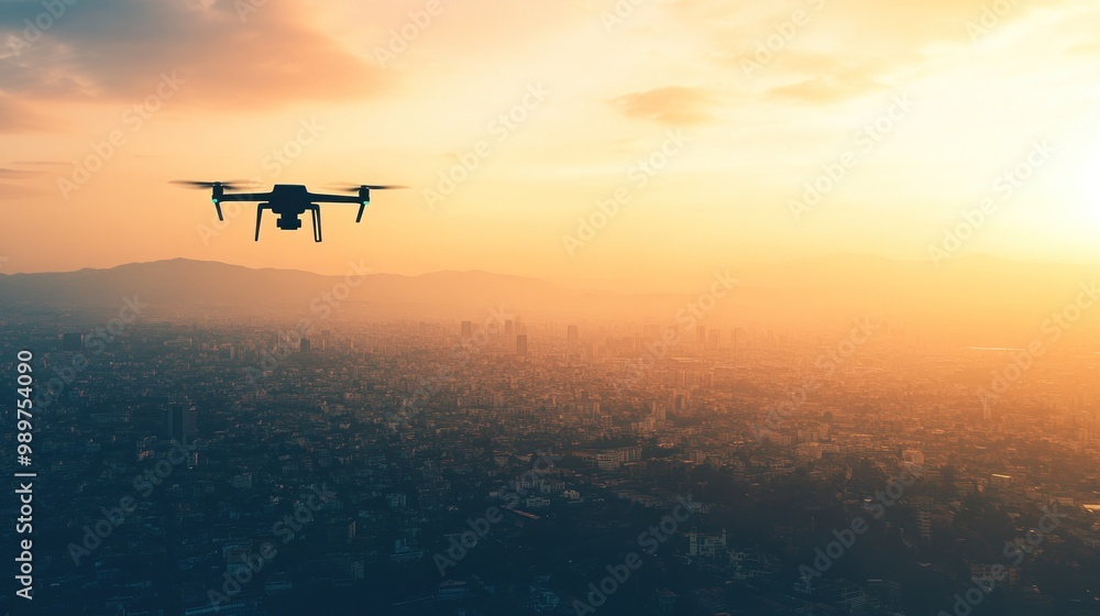 Fototapeta premium A drone flying over a cityscape during sunset, capturing aerial views.