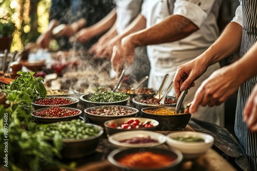 Middle-aged group in a cooking class, experimenting with spices and herbs to create unique flavors photo