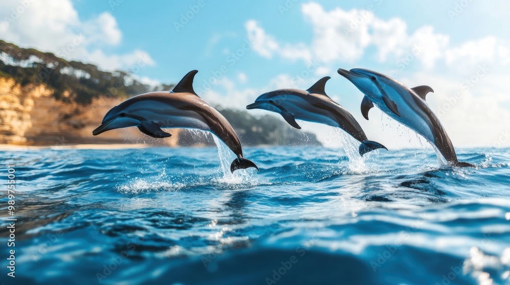 Obraz premium Playful Dolphins Leaping Over Ocean Waves