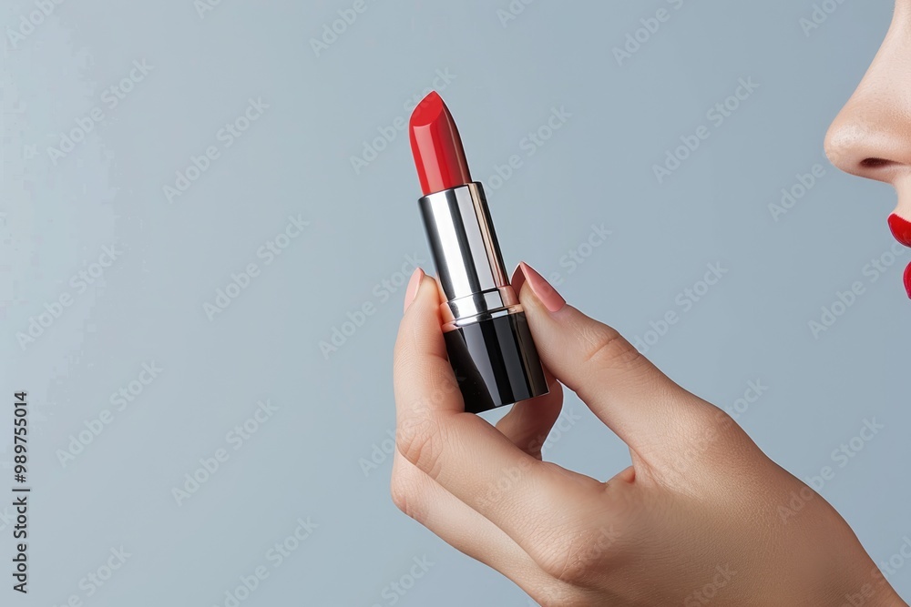 Cropped view of a woman presenter delicately holding lipstick, blending elegance and feminine charm against a simple solid color backdrop, focusing on her hand and the product Cropped view of a woman presenter delicately holding lipstick, blending elegance and feminine charm against a simple solid color backdrop, focusing on her hand and the product