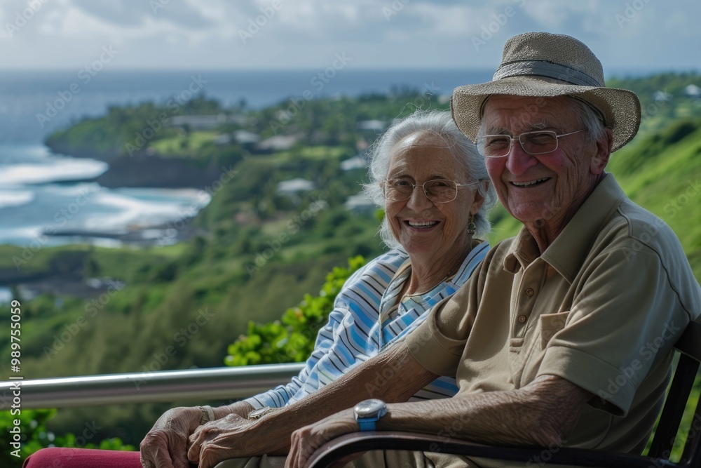 Senior couple sitting on a bench overlooking a scenic view, their smiles and relaxed postures reflecting the joy and peace of retirement Senior couple sitting on a bench overlooking a scenic view, their smiles and relaxed postures reflecting the joy and peace of retirement