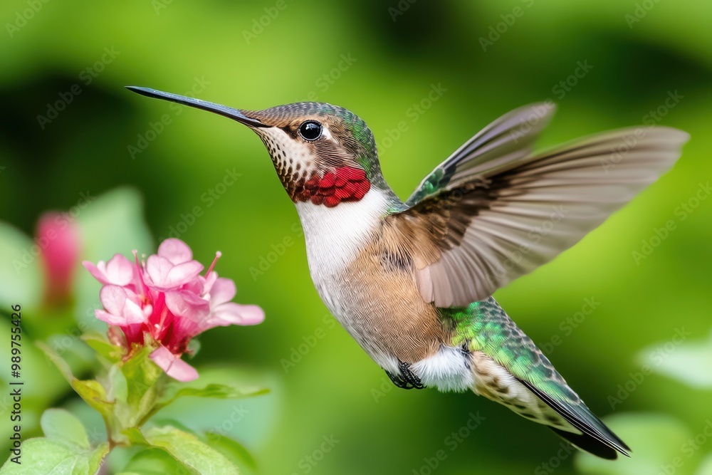Fototapeta premium Hummingbird in Flight Feeding on Pink Flower