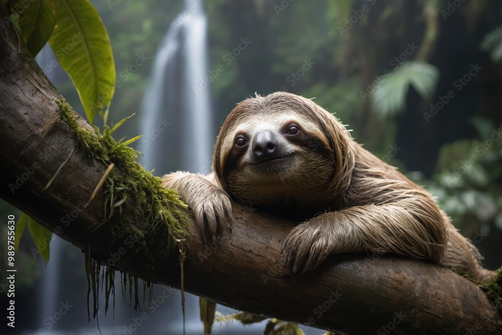 Sloth Resting on a Tree Trunk Near a Misty Waterfall Sloth Resting on a Tree Trunk Near a Misty Waterfall