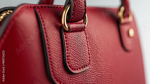 close up of a red leather handbag