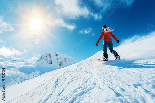 Female snowboarder going downhill snowy mountain slopes, experience of thrill of extreme snow sports and winter holidays