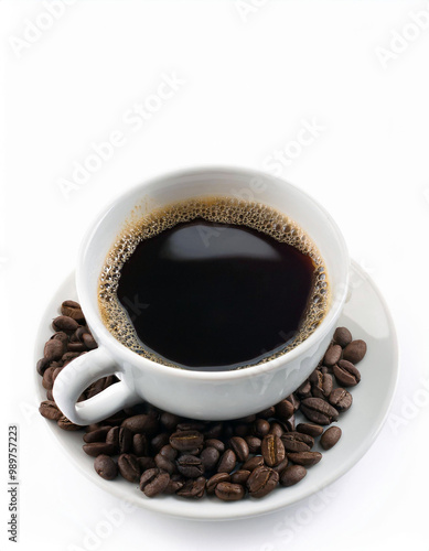 Cup of Coffee with Coffee Beans on Saucer