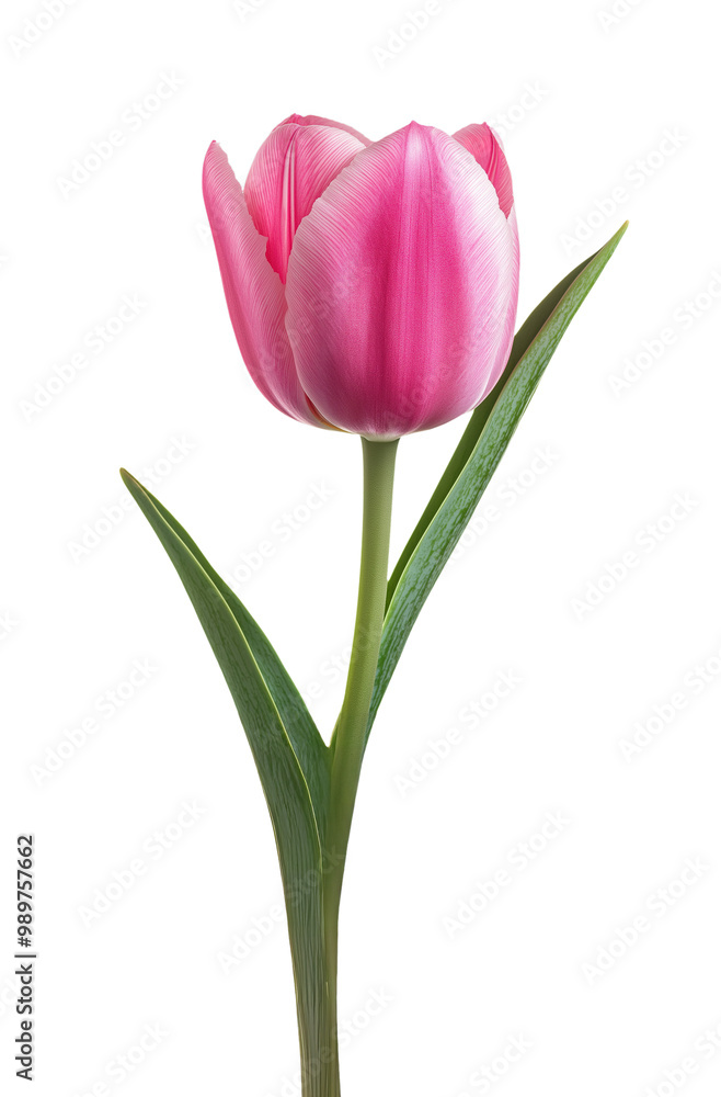 A vibrant pink tulip in full bloom with smooth petals and a slender green stem, isolated on a transparent background A vibrant pink tulip in full bloom with smooth petals and a slender green stem, isolated on a transparent background
