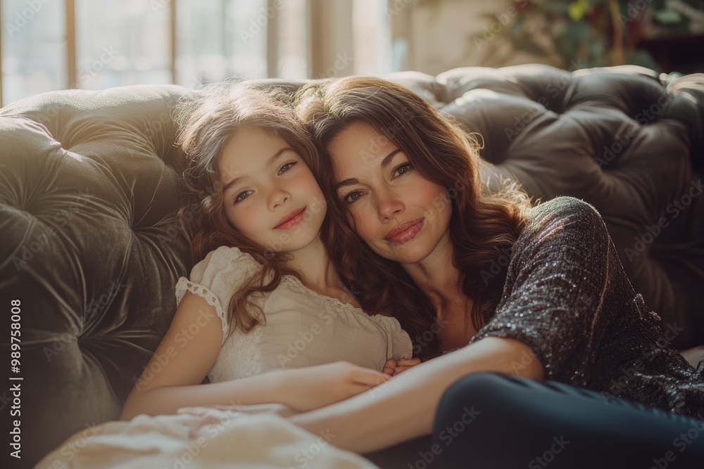 High-resolution brightly lit photorealistic candid photograph of a loving mother and daughter relaxing on a soft couch in a stylish, sunlit living room. The photo is styled like a premium lifestyle High-resolution brightly lit photorealistic candid photograph of a loving mother and daughter relaxing on a soft couch in a stylish, sunlit living room. The photo is styled like a premium lifestyle
